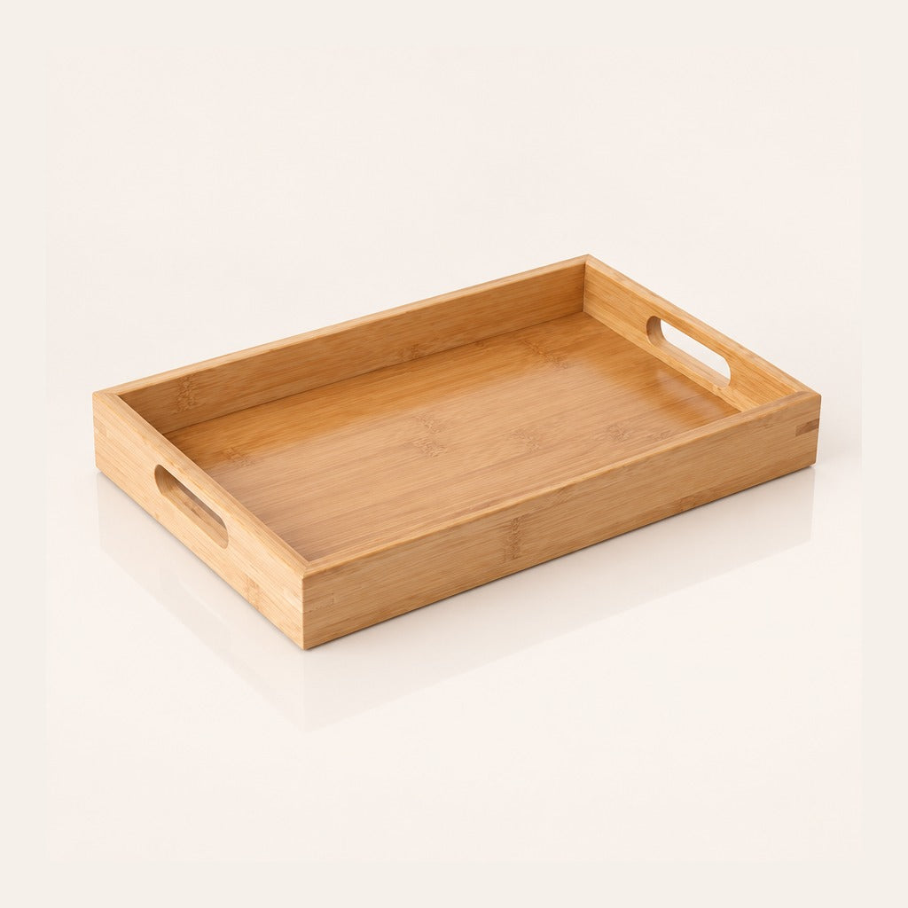 A rectangular bamboo serving tray with two cutout handles on the sides, shown on a clean white background.