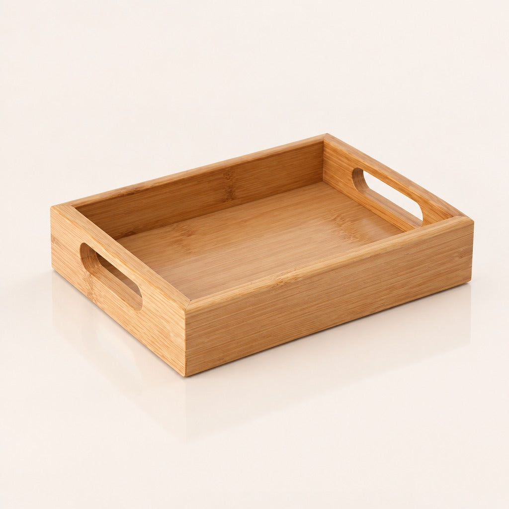 A rectangular bamboo serving tray with two cutout handles on the sides, shown on a clean off-white background.