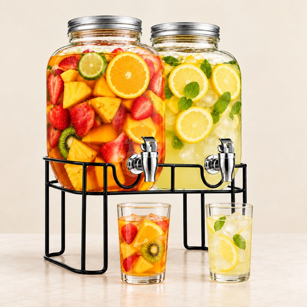 Two large glass beverage dispensers filled with fruit and lemonade on a black metal stand, with two clear glasses of the drink in front, photographed on a light beige background.