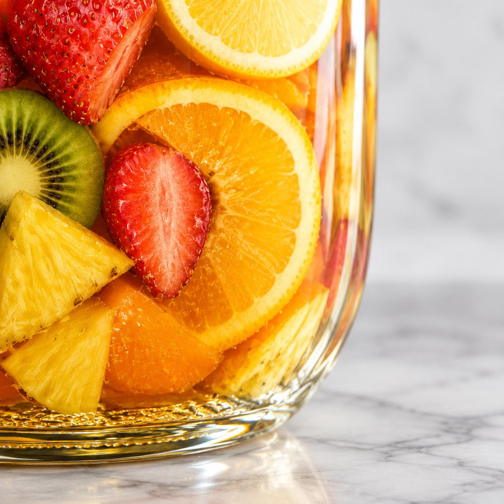 A close-up of a clear glass jar filled with fresh fruit slices and wedges, including strawberries, oranges, pineapple, and kiwi, set on a light marble surface.