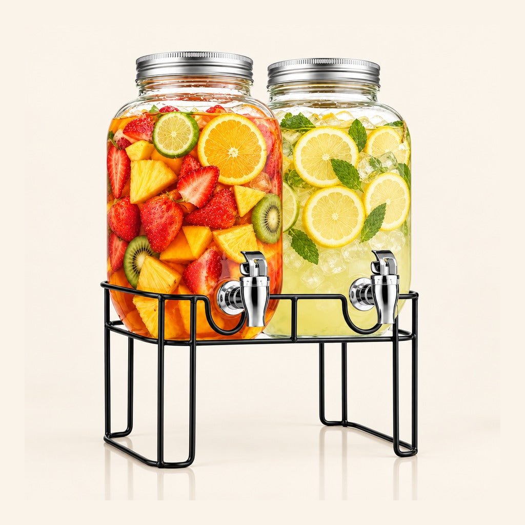 Two large clear glass beverage dispensers with metal lids and spouts, displayed on a black wire stand. The left dispenser is filled with fruit slices, strawberries, pineapple, and kiwi in a citrus drink, while the right dispenser contains a pale yellow iced drink with lemon slices and mint leaves.