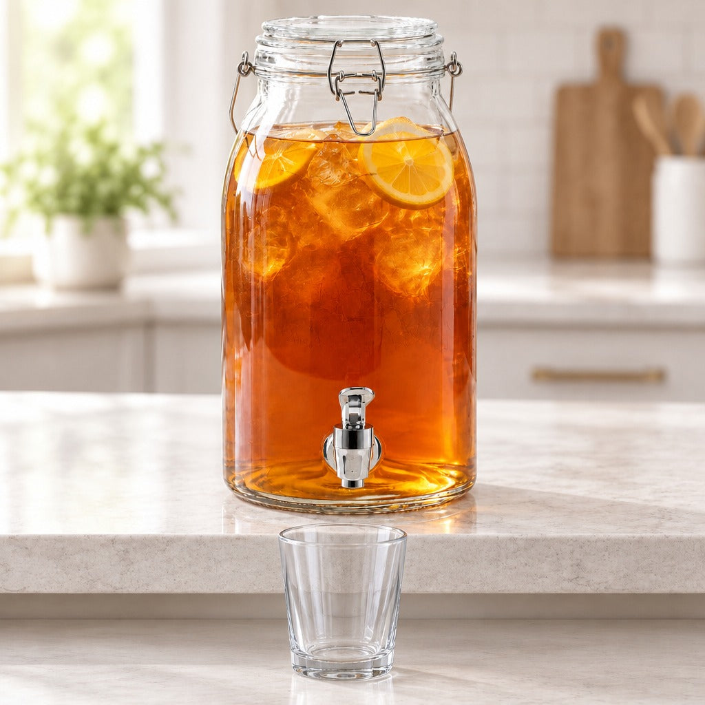 A large clear glass iced tea dispenser with a metal spout sits on a light countertop in a bright kitchen. The transparent jar is filled with amber tea and lemon slices, with a small clear drinking glass placed in front.