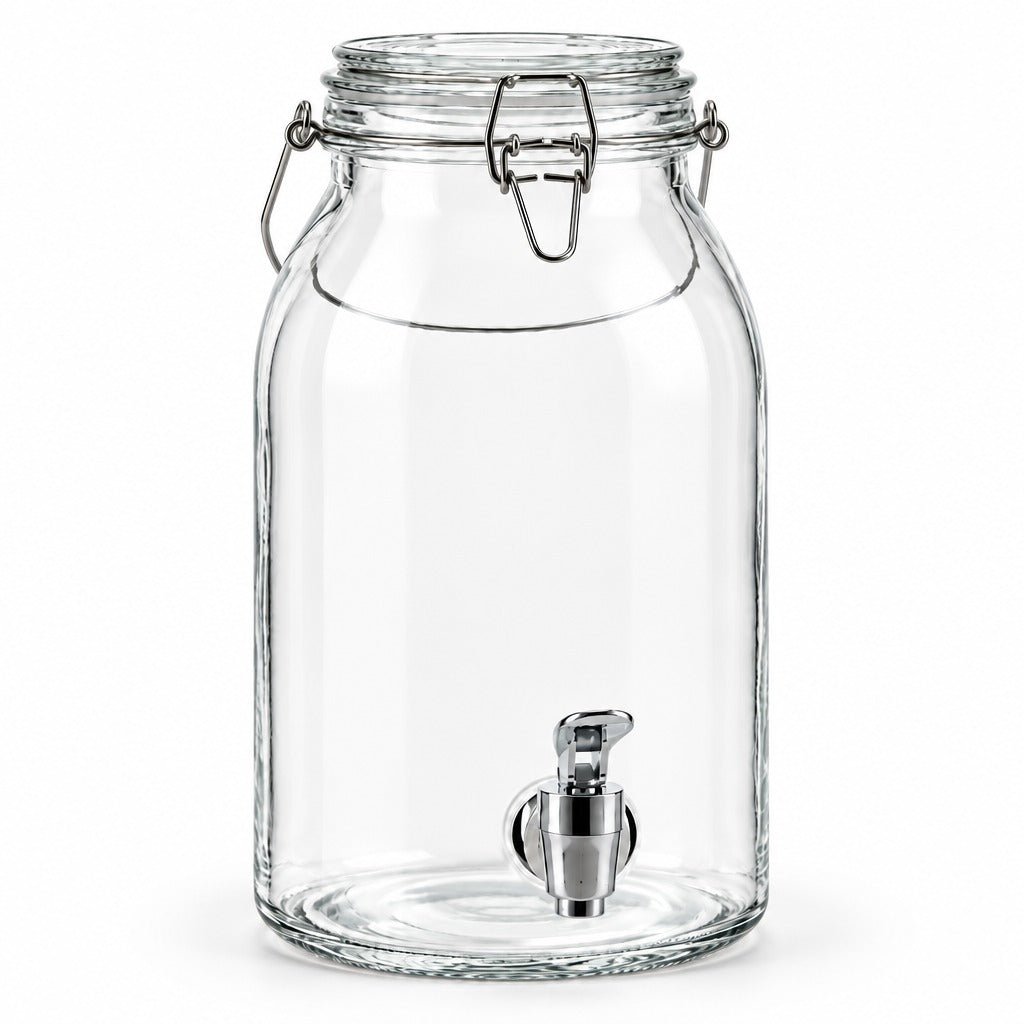Clear glass beverage dispenser jar with a metal clamp lid and stainless steel spout, shown on a white background.