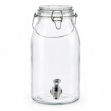 Clear glass beverage dispenser jar with a metal clamp lid and a stainless steel spout, shown on a white background.