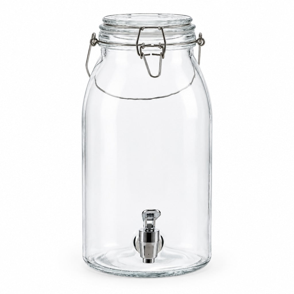 Clear glass beverage dispenser jar with a metal clamp lid and a stainless steel spout, shown on a white background.
