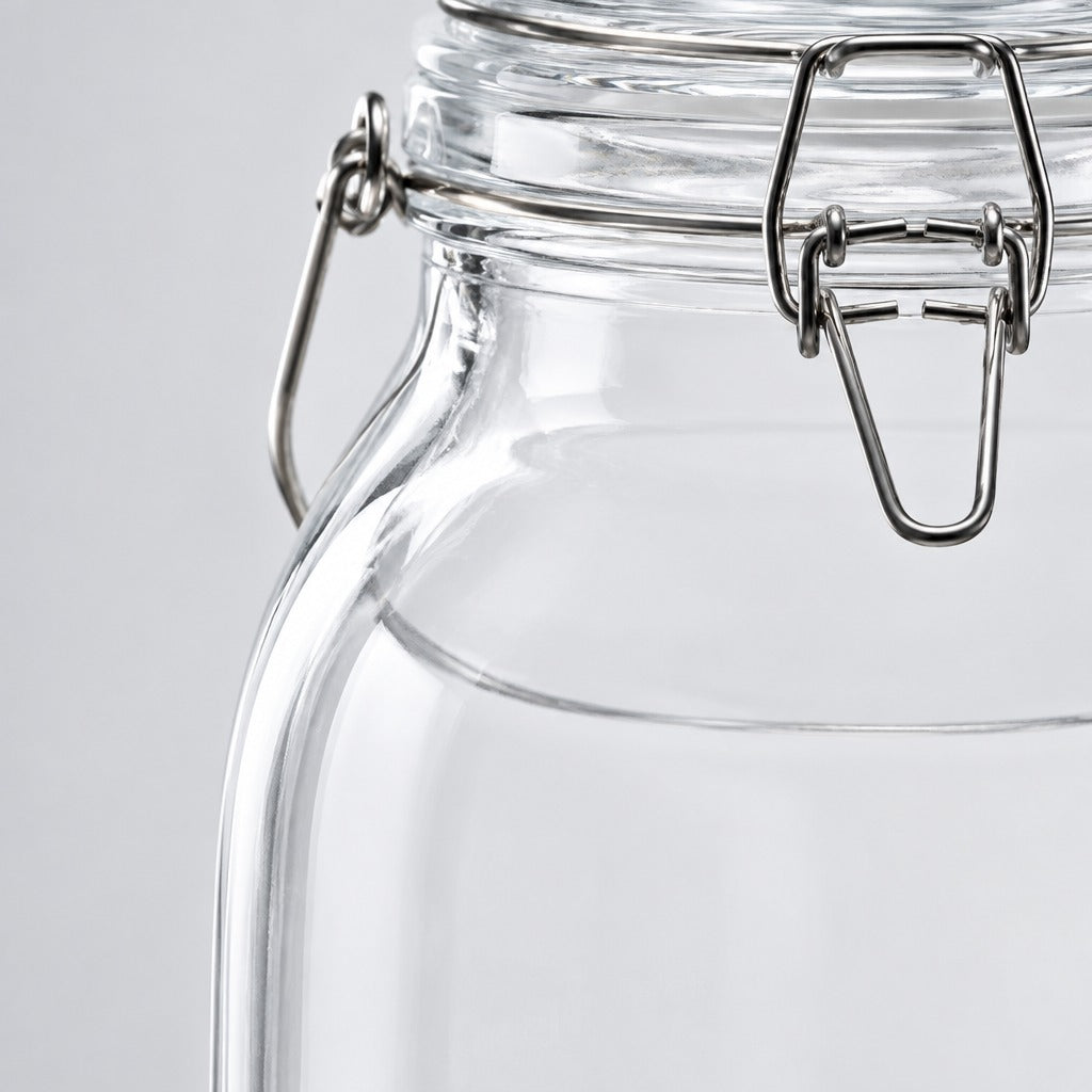 Close-up of a clear glass jar with a metal clamp lid on a light gray background.