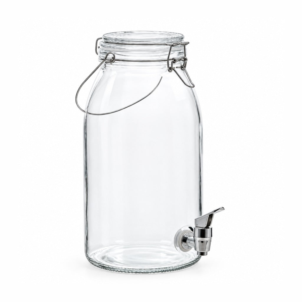 A clear glass beverage dispenser jar with a metal wire bail handle and a stainless steel spout, shown on a plain white background.