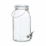 A clear glass beverage dispenser jar with a metal wire bail handle and a stainless steel spout, shown on a plain white background.