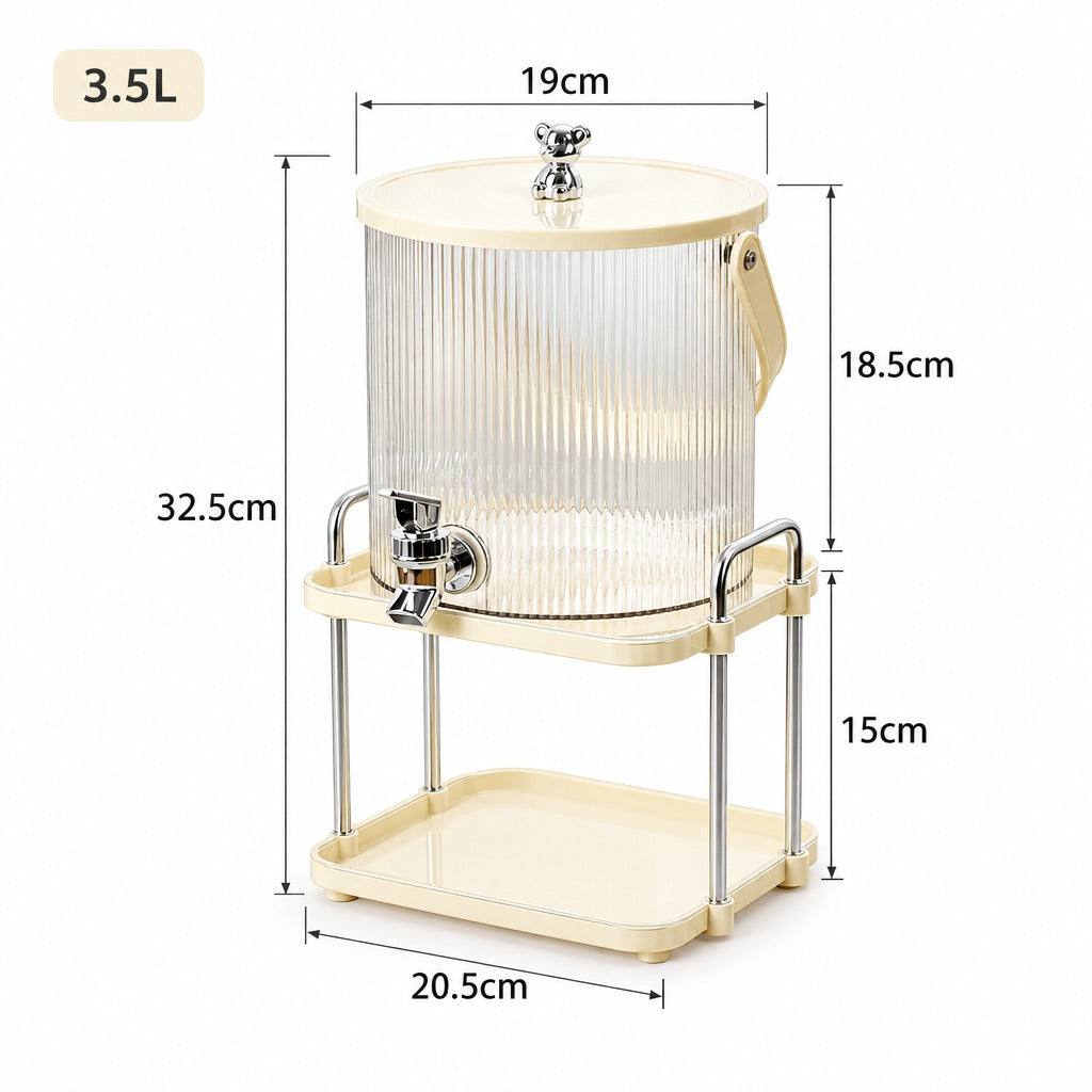 A 3.5L ribbed glass beverage dispenser with a cream-colored plastic base, stand, and lid, shown with dimension lines and labels indicating its height, width, and depth.