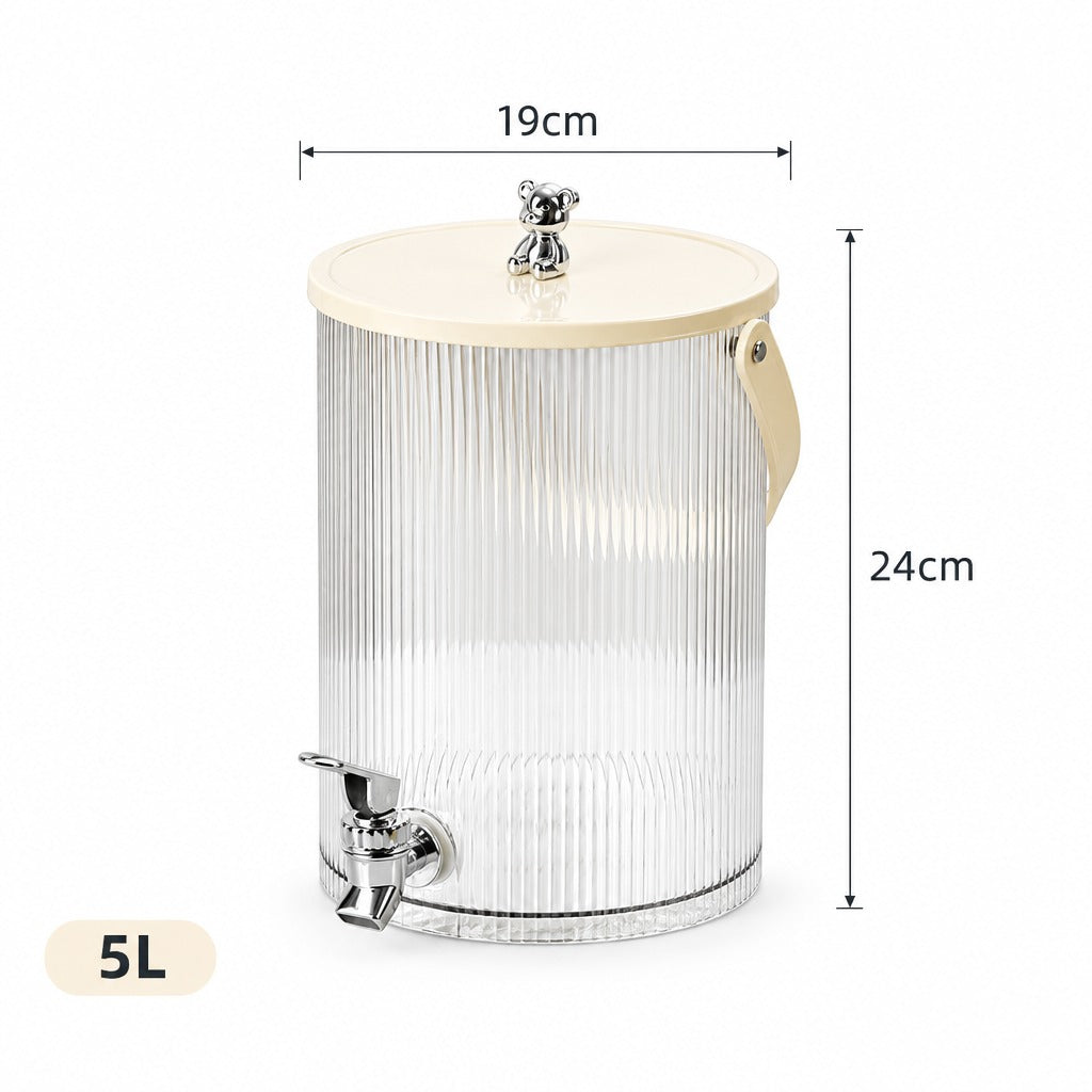 A 5L ribbed clear glass beverage dispenser with a cream lid, side handle, and chrome spigot, shown on a white background with dimension labels 19cm, 24cm, and 5L.