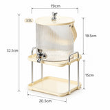 A 3.5L stainless steel and cream-colored water dispenser with a ribbed glass body, metal stand, and tray, shown with dimension lines and labels indicating height, width, and depth measurements.