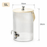 A 5L ribbed clear glass beverage dispenser with a light wood lid, metal spigot, and side handle, shown on a white background with dimension labels reading 19cm and 24cm.