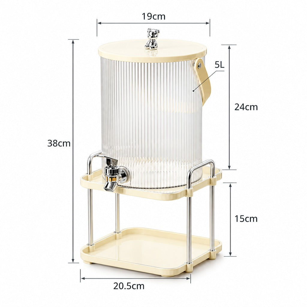 A 5L ribbed clear plastic beverage dispenser with a cream-colored lid, handle, and stand, shown with dimension lines and labels indicating height, width, and depth measurements.
