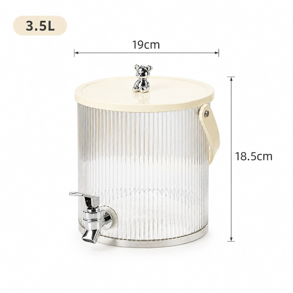 A 3.5L ribbed clear plastic beverage dispenser with a cream lid, silver metal spout, and side handle, shown with dimension labels indicating 19cm width and 18.