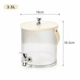 A 3.5L ribbed clear plastic beverage dispenser with a cream lid, silver metal spout, and side handle, shown with dimension labels indicating 19cm width and 18.