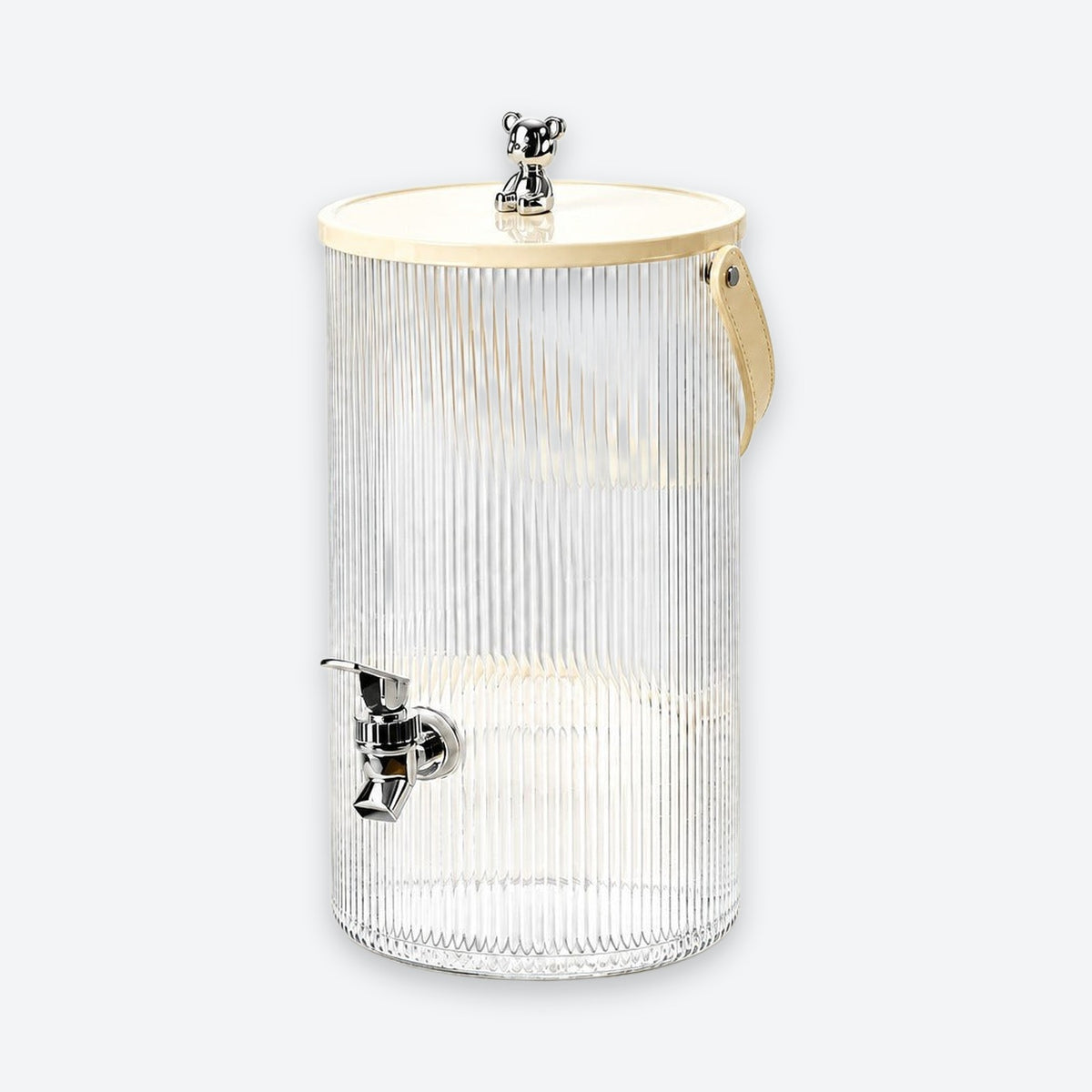A ribbed clear glass beverage dispenser with a light wood lid, a matching wood carry handle, and a chrome metal spout, shown on a light gray background.