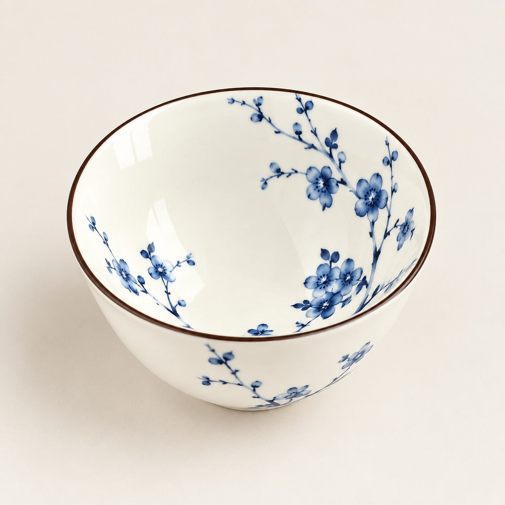A white ceramic bowl decorated with blue floral patterns and a thin brown rim, shown from a top-down angle on a light beige background.