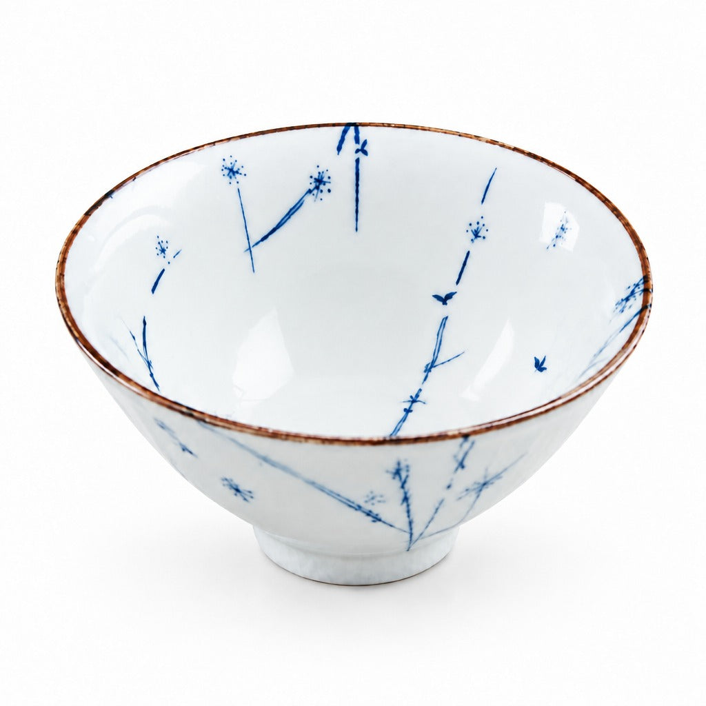 A white ceramic bowl decorated with delicate blue floral and bird motifs and a rustic brown rim, shown on a clean white background.