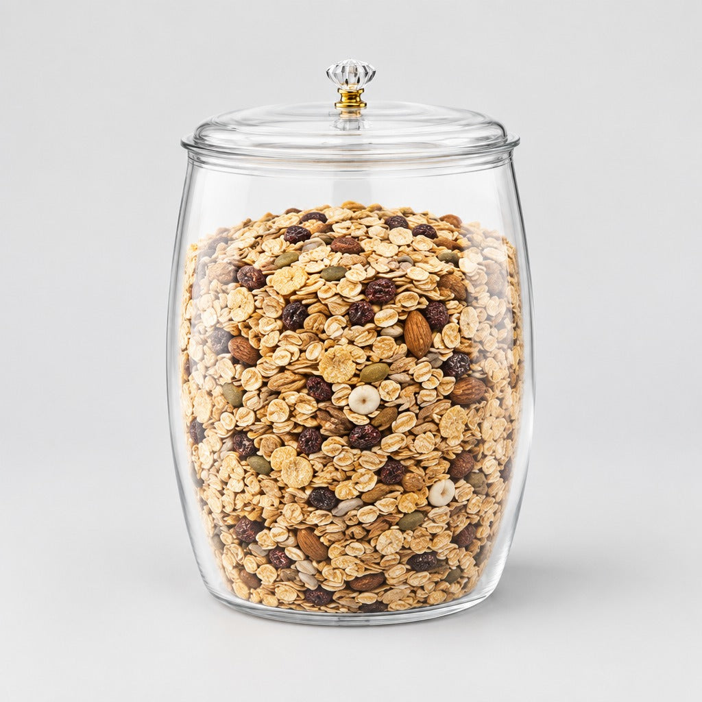 A clear glass jar with a matching glass lid and small gold-toned knob, filled with a mixed granola and cereal snack. The snack contains oats, almonds, raisins, and pumpkin seeds.