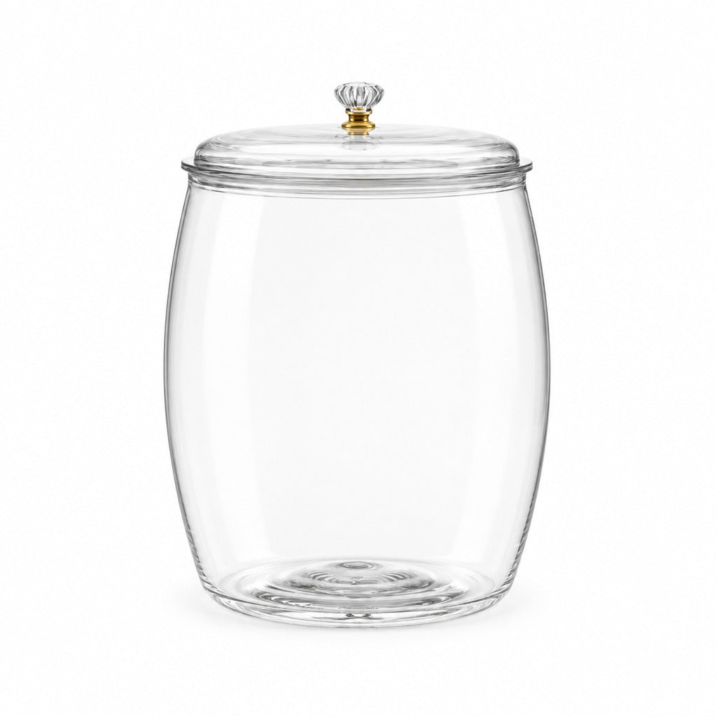 Clear glass canister with a matching glass lid and a small gold-toned knob, shown on a plain white background.