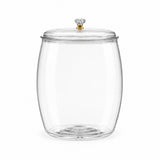 Clear glass canister with a matching glass lid and a small gold-toned knob, shown on a plain white background.