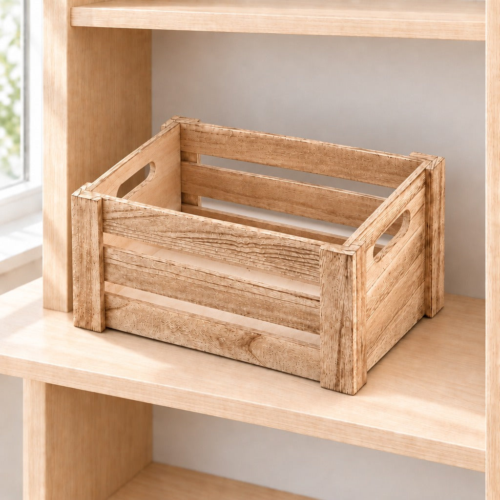 A rustic wooden storage crate with integrated side handles sits on a light wood shelf in a bright, modern room.