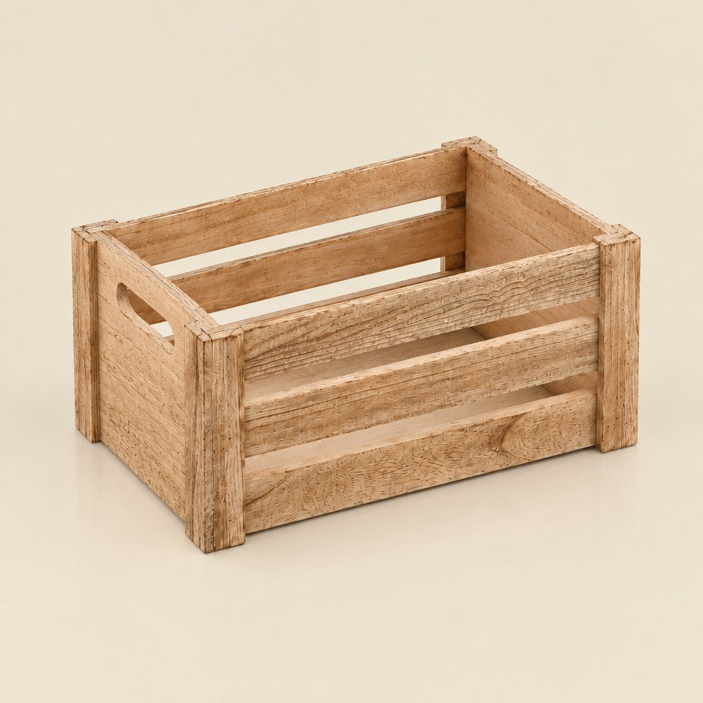 A miniature wooden crate with a slatted design and a small cutout handle on one side, shown on a plain beige background.