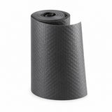 A rolled-up black textured yoga mat with a diamond-patterned surface, shown on a clean white background.