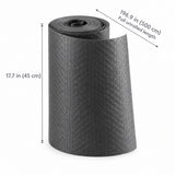 A black textured yoga mat shown as a rolled cylinder on a white background, with dimension callouts indicating a height of 17.7 in (45 cm) and a full unrolled length of 196.