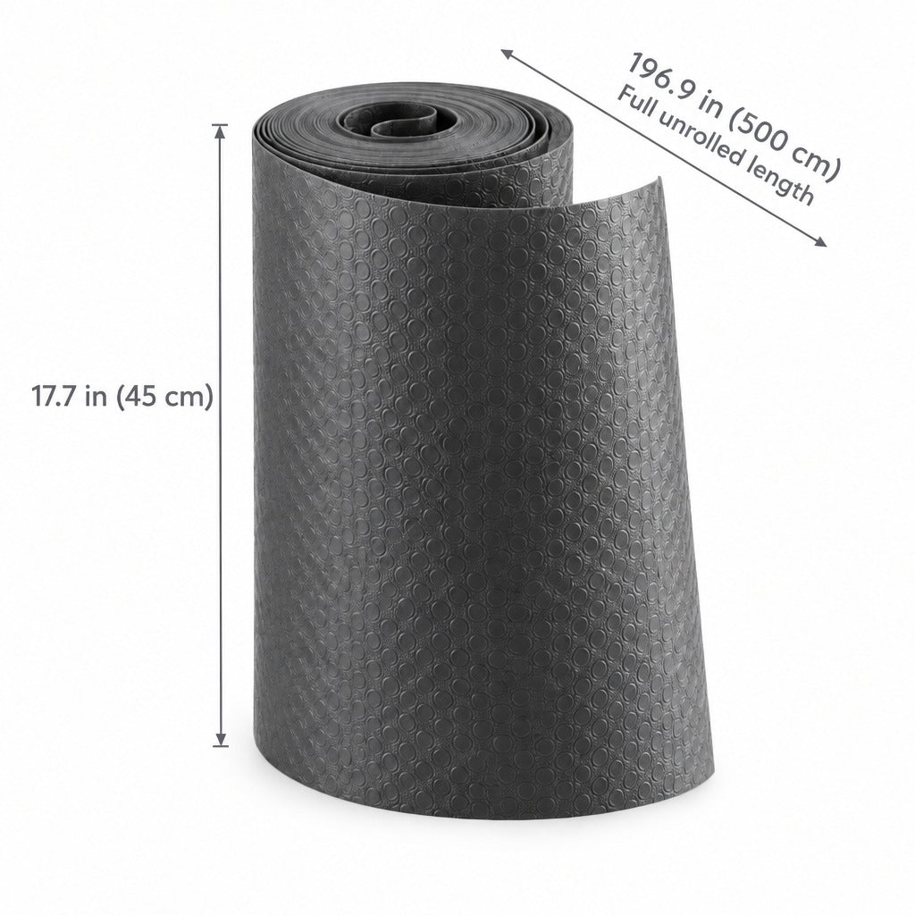 A black textured yoga mat shown as a rolled cylinder on a white background, with dimension callouts indicating a height of 17.7 in (45 cm) and a full unrolled length of 196.