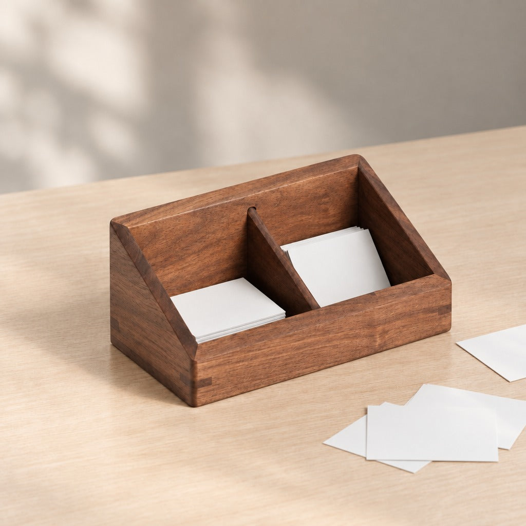 A rectangular wooden desk organizer with two angled compartments, shown holding white cards on a light wood tabletop with a few cards placed beside it.