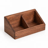 A small wooden organizer box with two compartments, made of medium brown wood with visible grain, photographed on a clean white background.