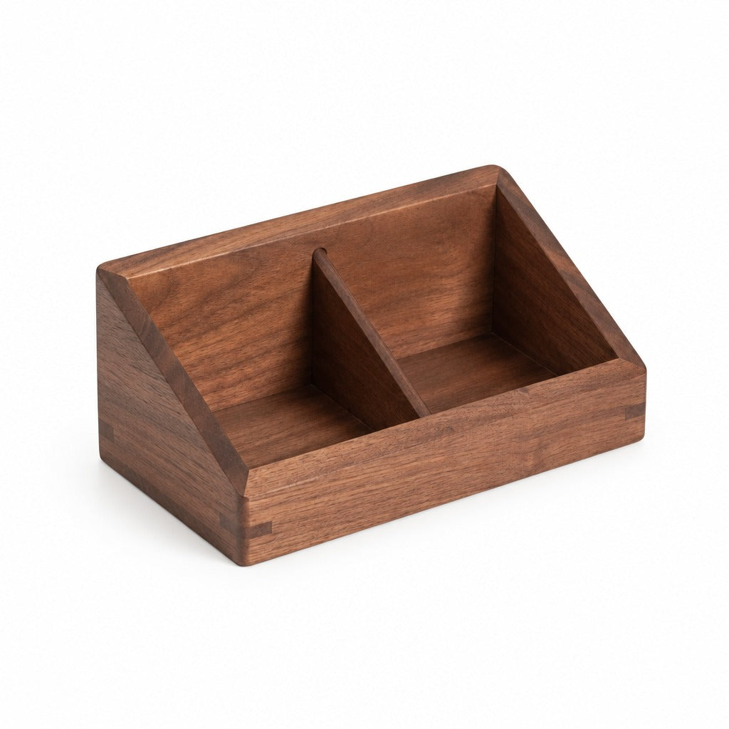 A small wooden two-compartment organizer tray with a warm medium-brown finish and visible wood grain, shown on a plain white background.