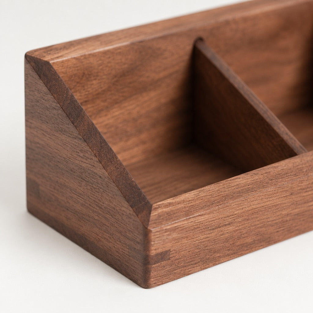 A close-up of a dark brown wooden organizer tray with a triangular front and a divided compartment, shown on a clean white background.