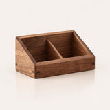 A small wooden desk organizer tray with a triangular slanted top and a central divider, shown on a clean off-white background.