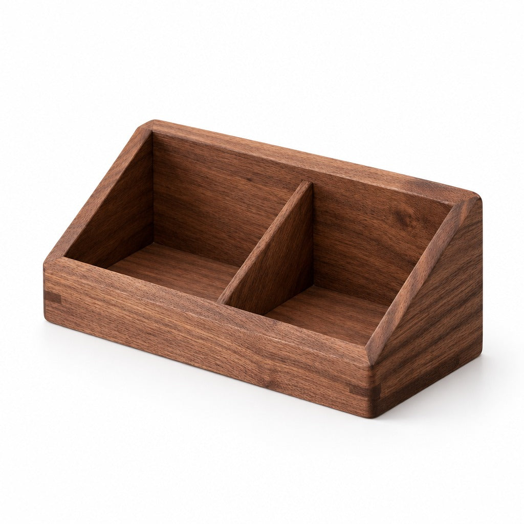 A dark brown wooden desk organizer with two compartments, shown on a clean white background.