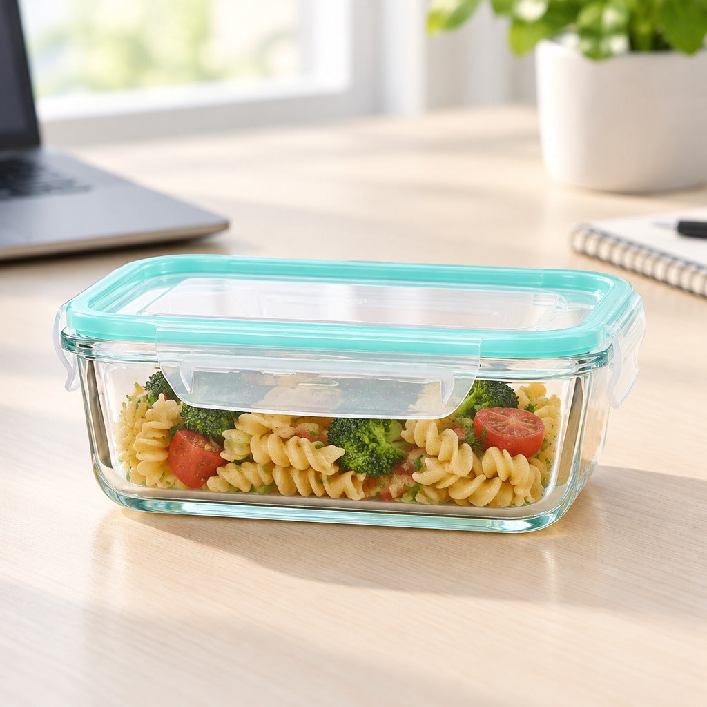 A rectangular glass food storage container with a translucent aqua lid, filled with rotini pasta, broccoli, and tomato, sitting on a light wood desk with a laptop and notebook in the background.
