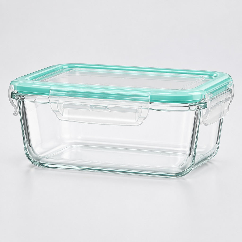 A rectangular clear glass food storage container with a mint green silicone lid and latch mechanism, shown on a light gray studio background.