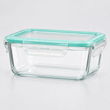 A rectangular clear glass food storage container with a mint green silicone lid and latch mechanism, shown on a light gray studio background.