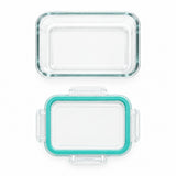 A clear glass rectangular storage container with a transparent lid and a bright aqua silicone seal, shown from above on a white background.