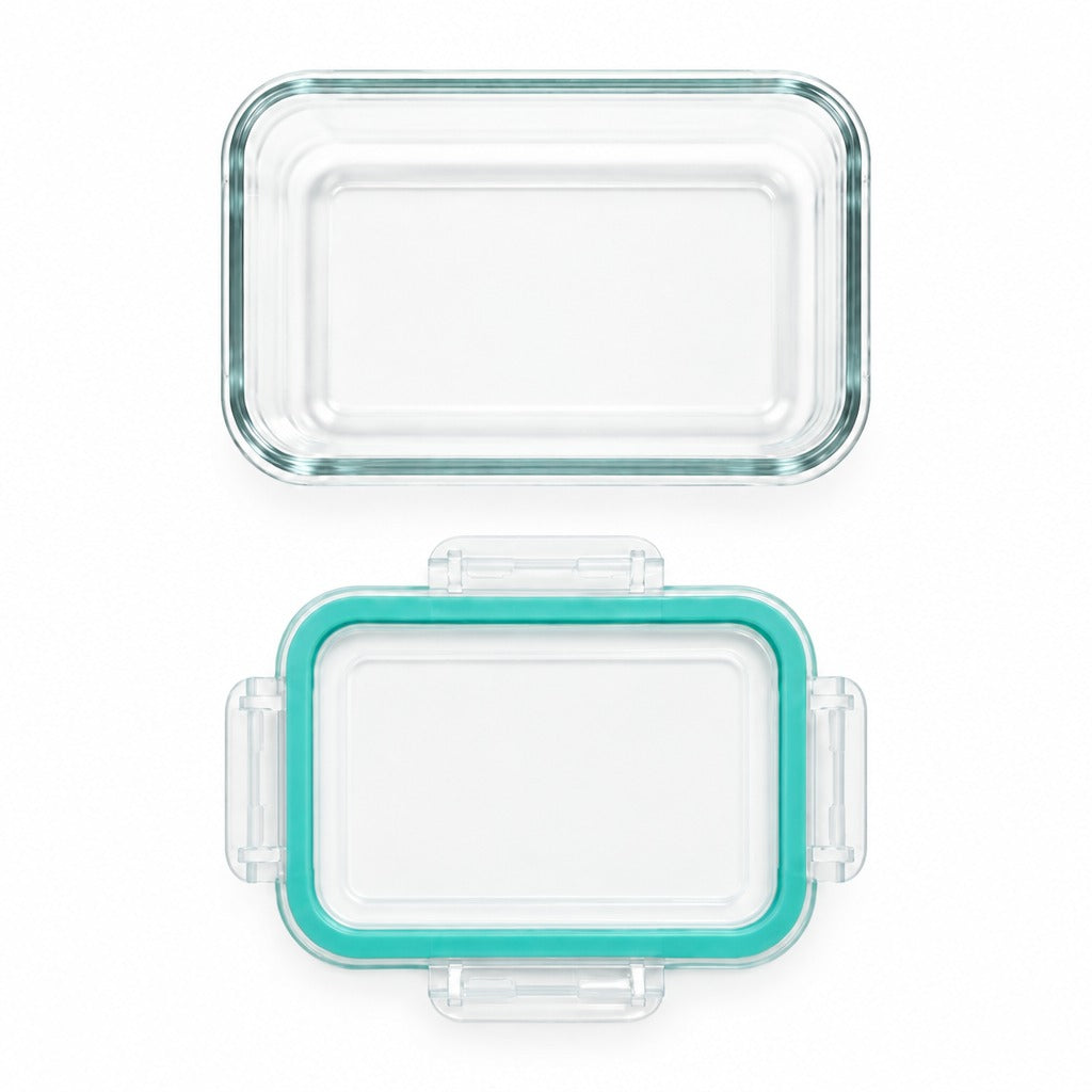 A clear glass rectangular storage container with a transparent lid and a bright aqua silicone seal, shown from above on a white background.