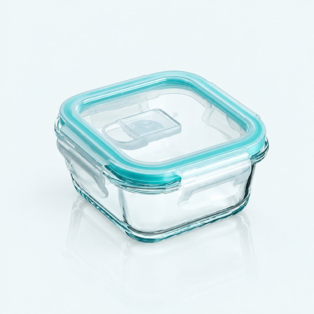 A square clear glass storage container with a translucent aqua blue silicone lid seal and handle, shown on a clean white background.