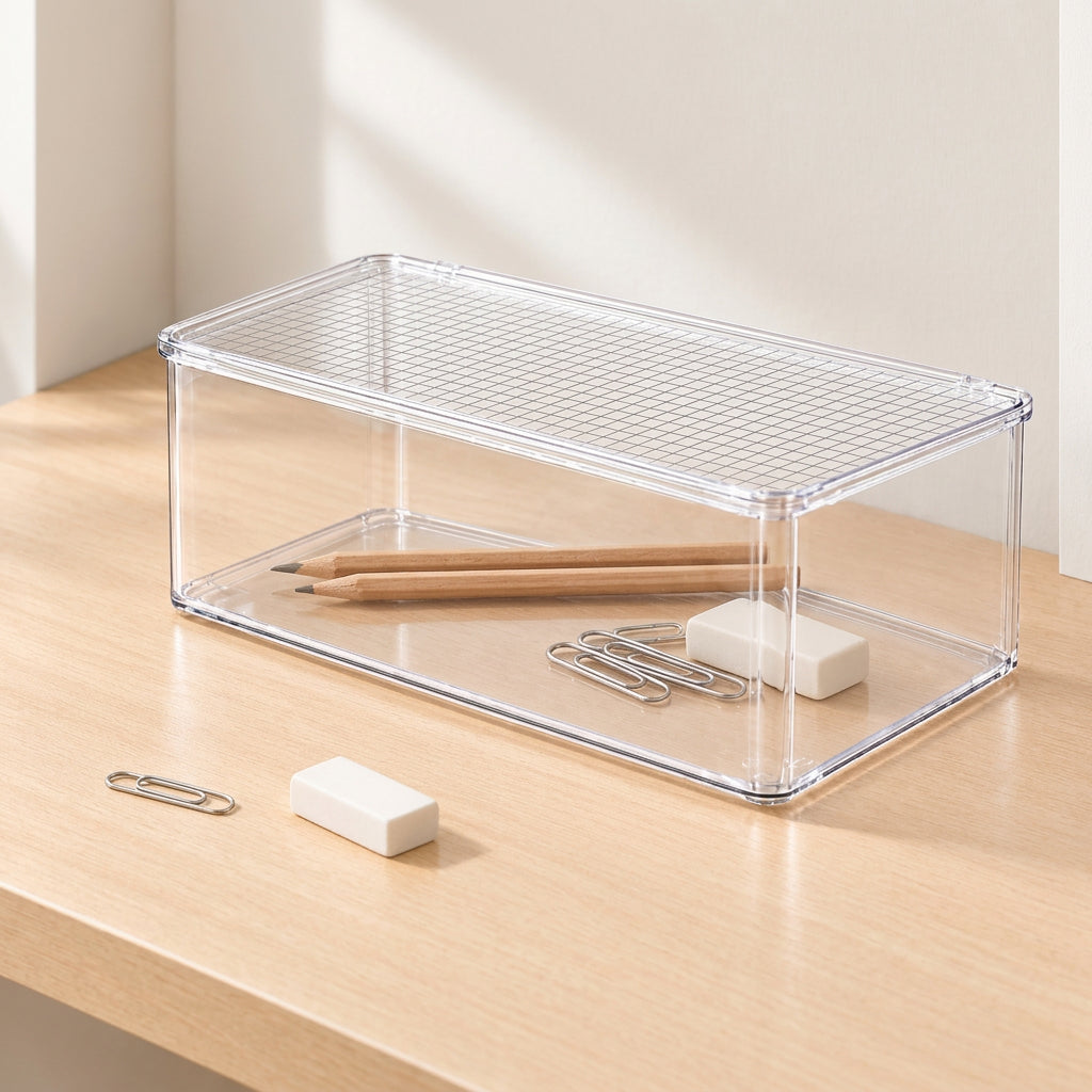 Clear plastic storage organizer box with a slatted lid, shown on a light wood tabletop in a bright indoor setting.