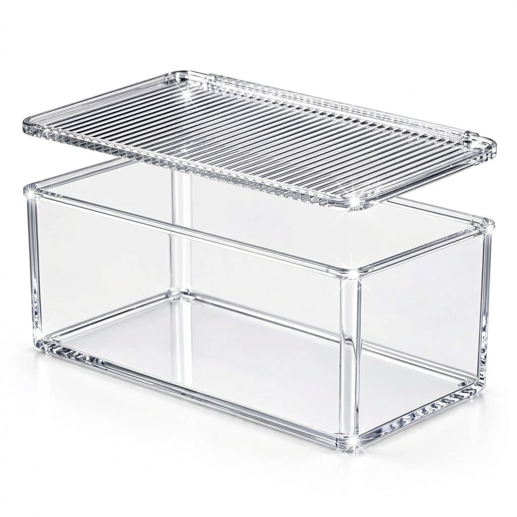 A clear acrylic rectangular storage box with a slotted top lid, shown on a neutral gray background.