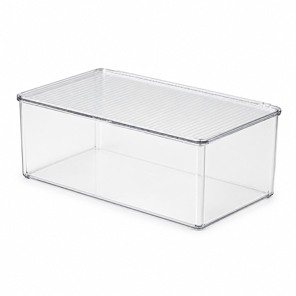 A clear plastic storage box with a slatted lid, shown on a plain white background.