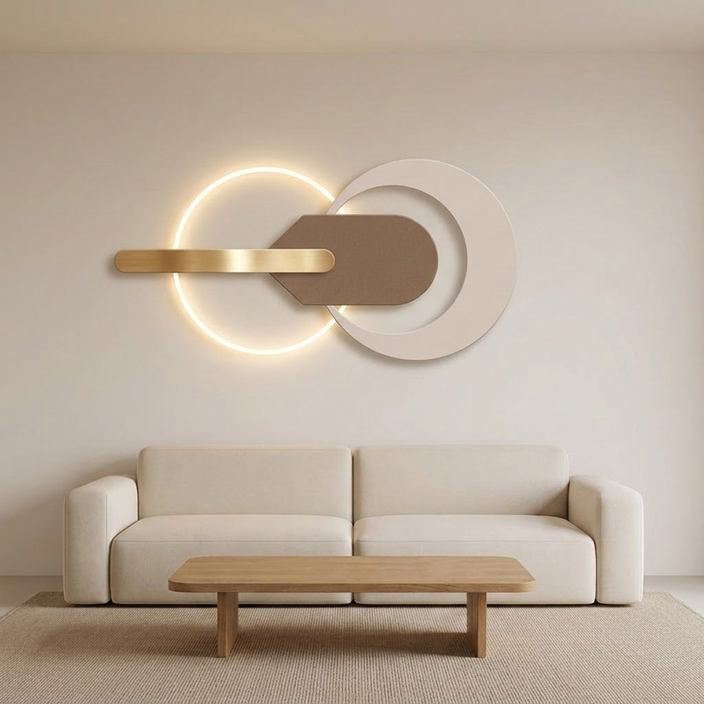 Modern wall-mounted light fixture with a glowing circular ring and a horizontal brushed-gold bar, mounted above a cream sofa in a minimalist living room.