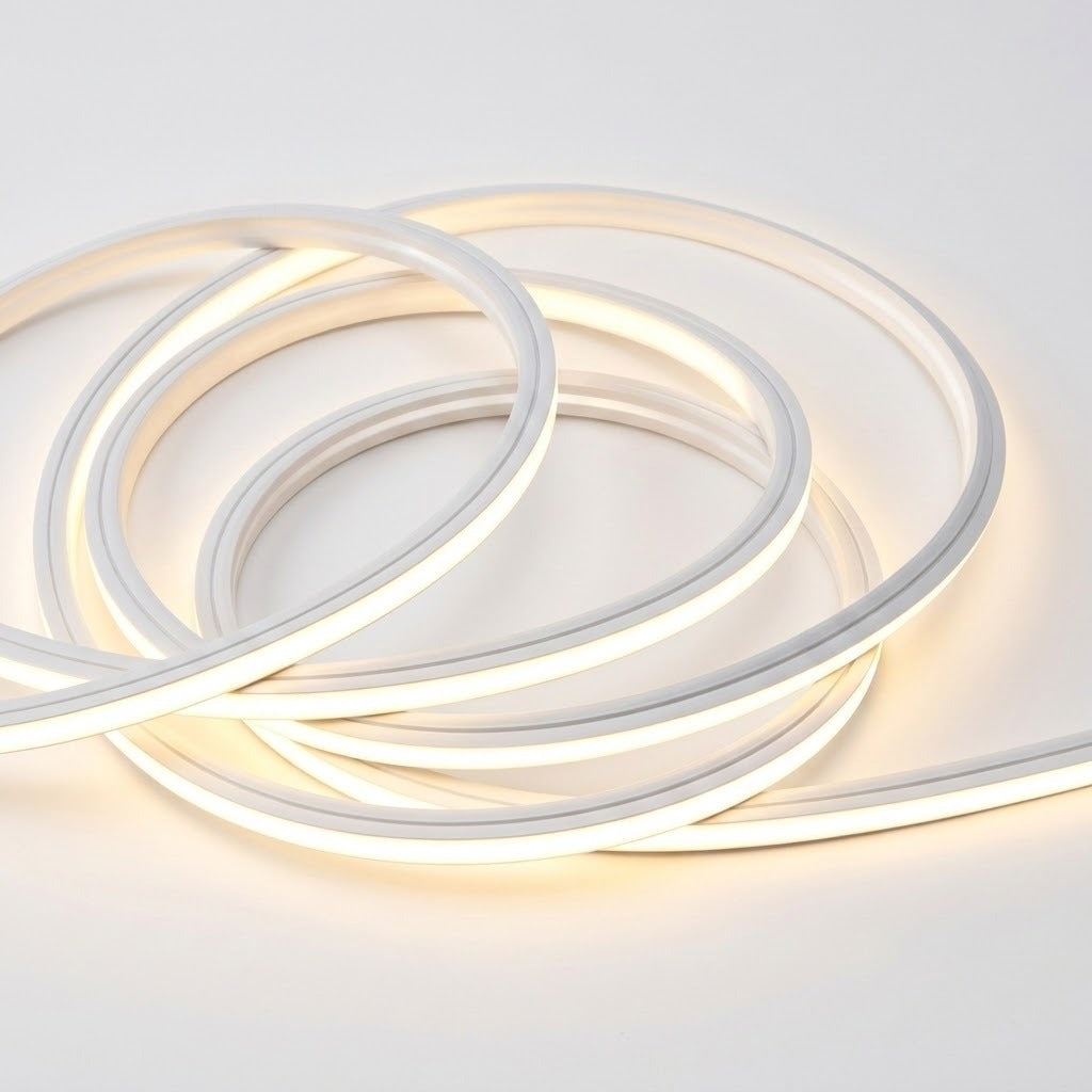 Wall light detail showing coiled white LED strip lighting glowing warm white against a plain white background.