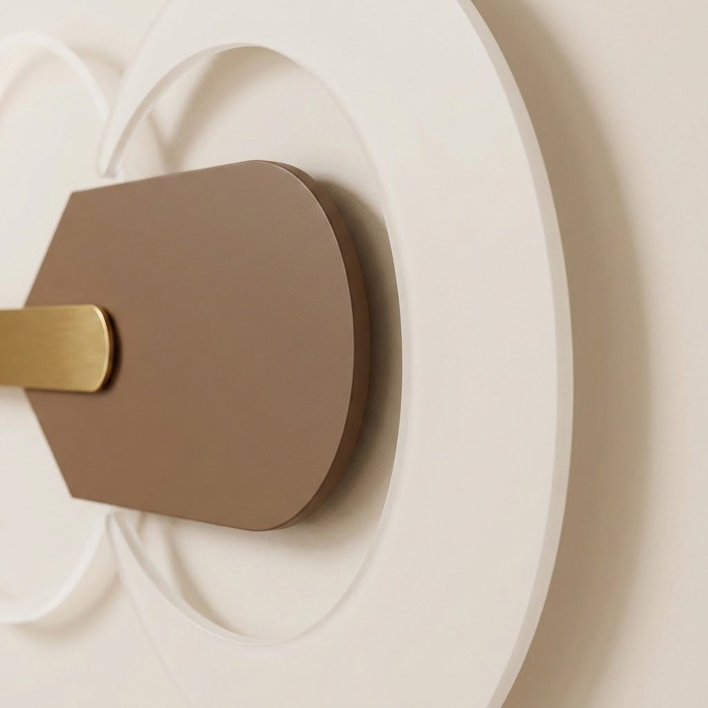 Wall light close-up showing a taupe central plate, gold-tone accent, and layered white circular forms against a cream wall.