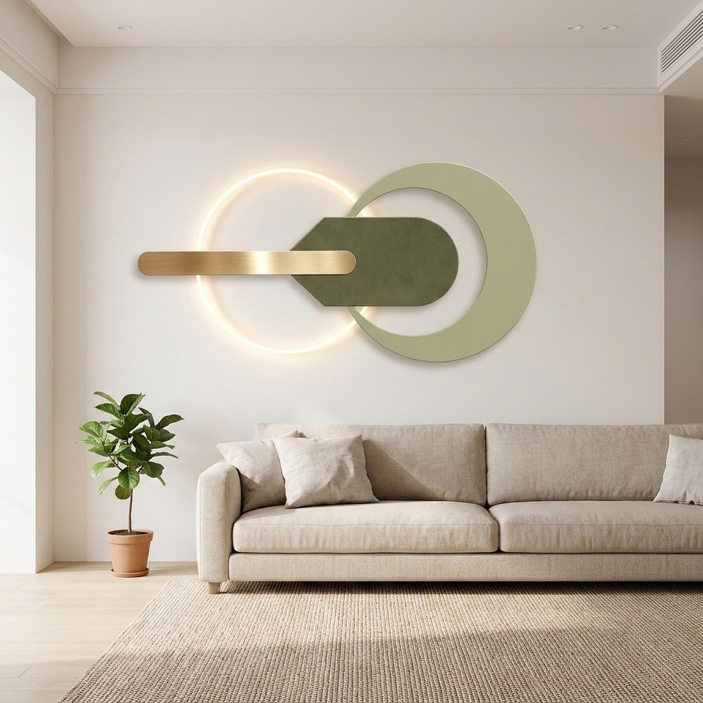 Modern wall-mounted light fixture with a glowing circular ring, a horizontal brushed gold bar, and overlapping matte green circular and leaf-shaped elements, shown above a beige sofa in a bright living room.