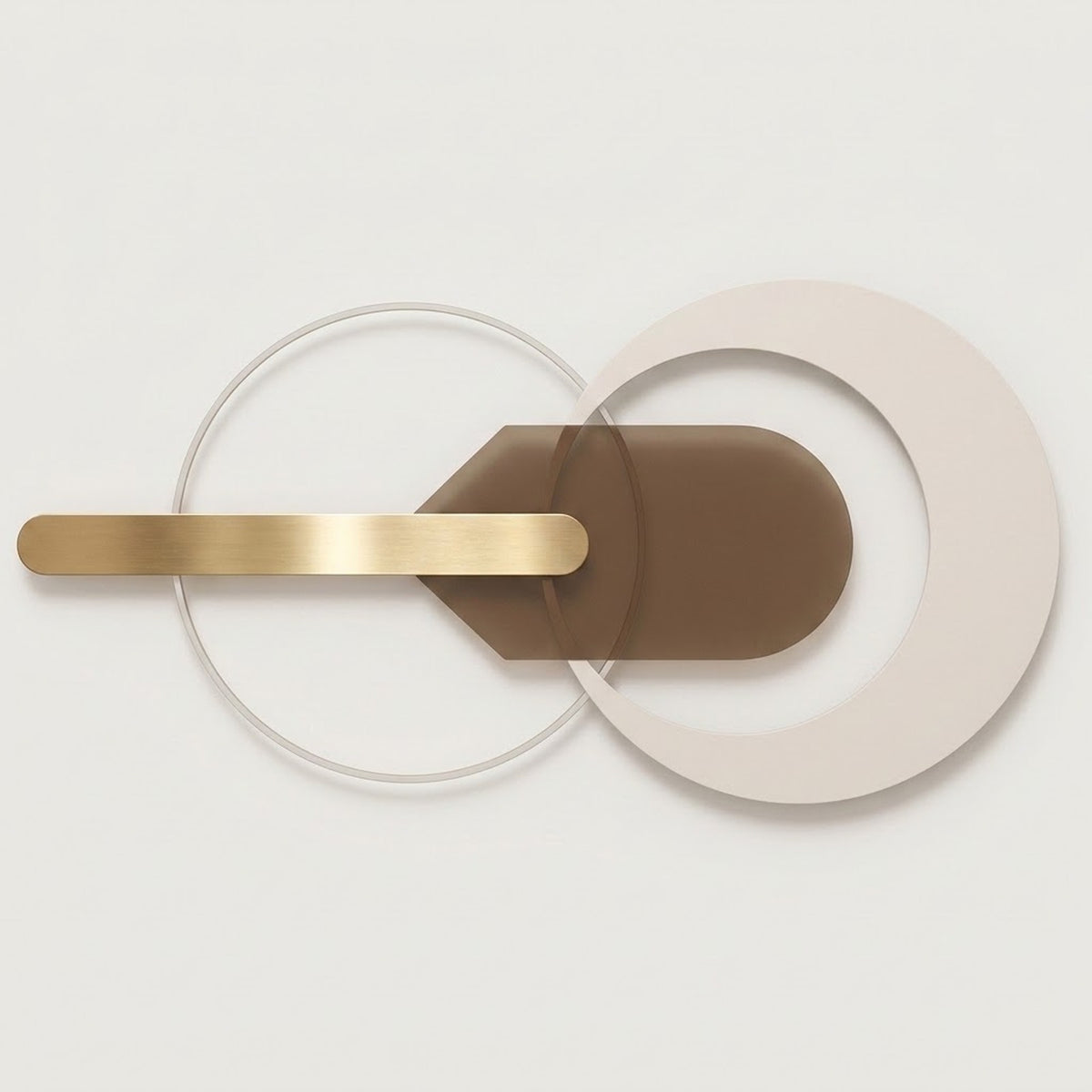 A modern wall-mounted light fixture with overlapping circular and curved geometric elements in beige, brown, and brushed gold metal, shown against a clean off-white background.